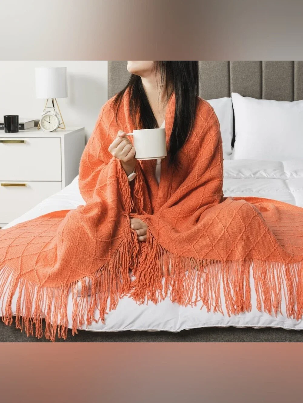 Diamond Knitted washable Fringe Throw Blanket - Coral 50x60